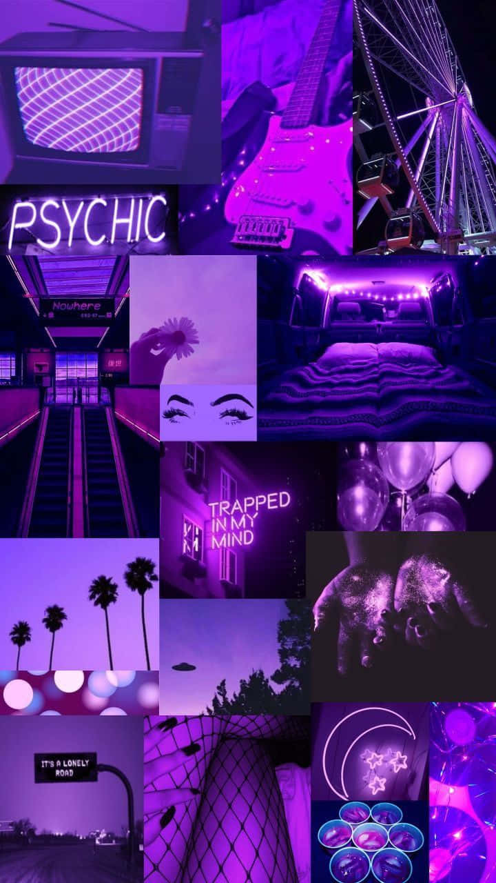 Purple Grunge Aesthetic 桌布 壁紙 — 一個充滿活力的紫色主題拼貼畫， featuring 霓虹燈牌、吉他、摩天輪和超現實夢幻圖像。