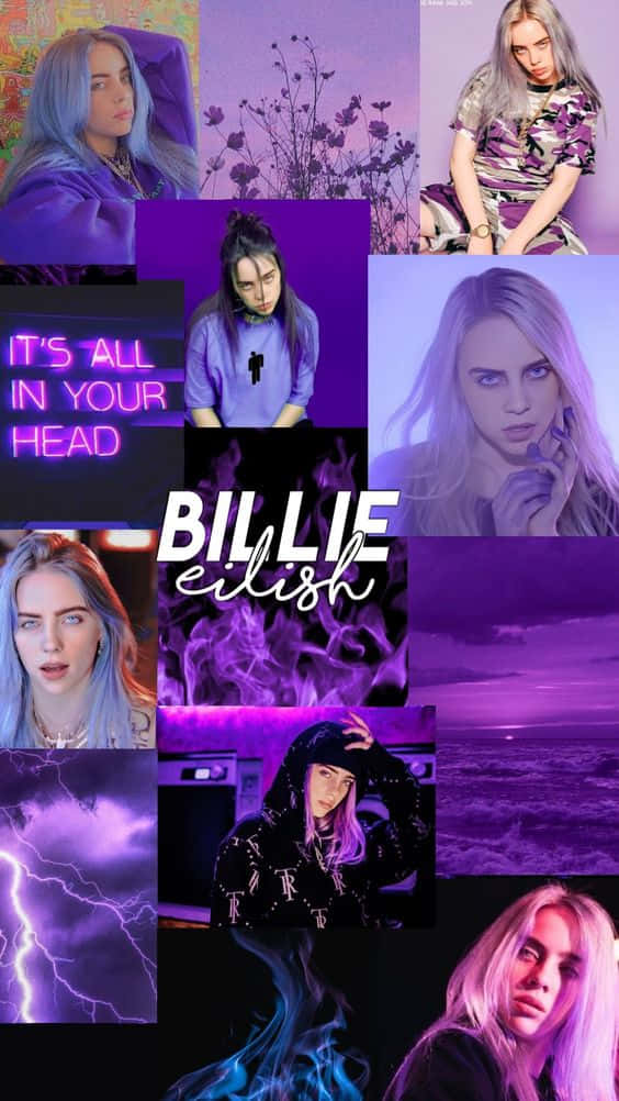 Billie Eilish 紫色霓虹和暴風雨天空拼貼畫 — 紫色美學 壁紙
