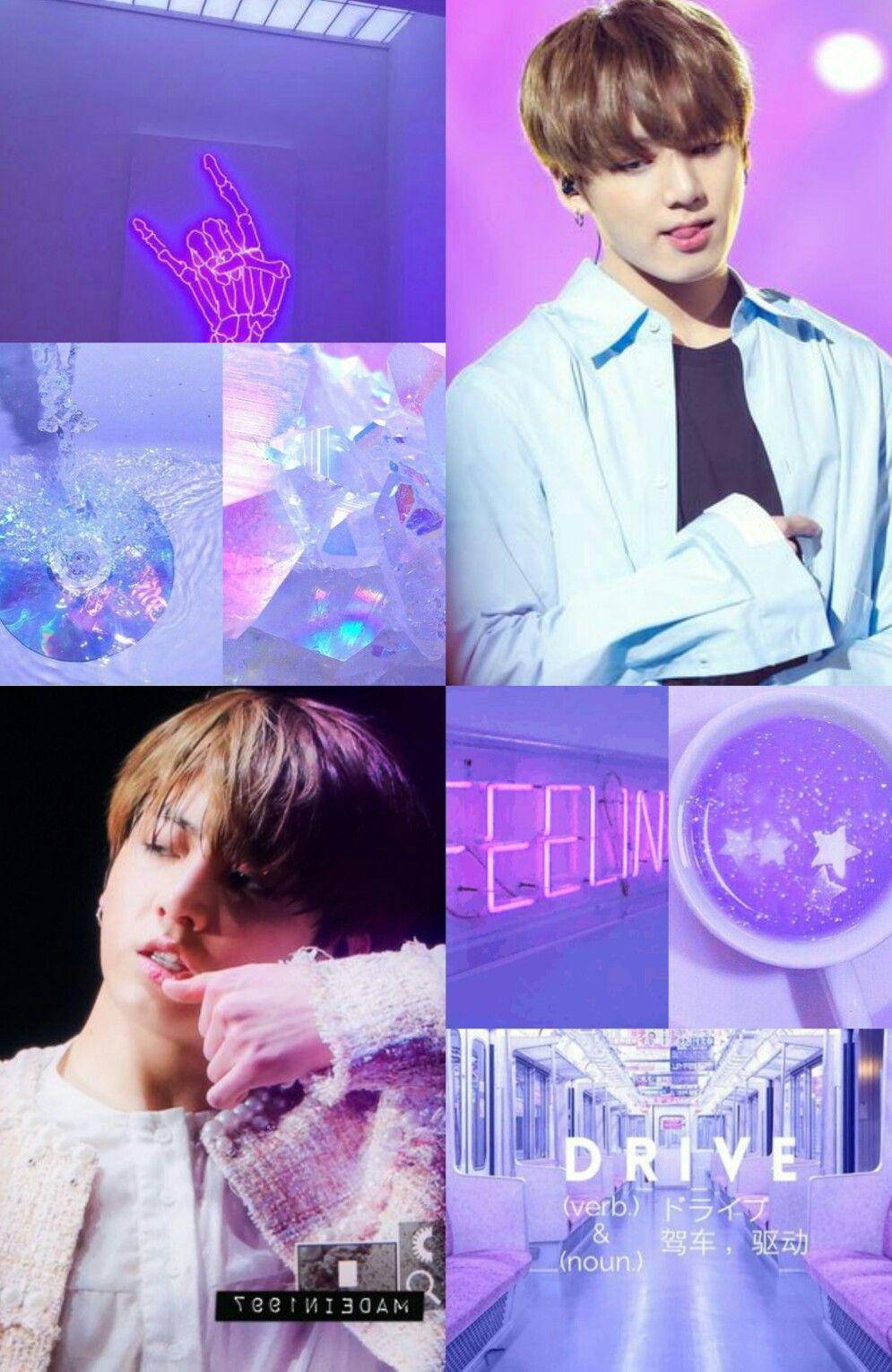 Jungkook Aesthetic 桌布 壁紙 — 一個充滿活力的紫色主題拼貼畫， featuring 一位身穿淺藍色襯衫的年輕男子、霓虹燈標誌和閃爍的抽象視覺效果。