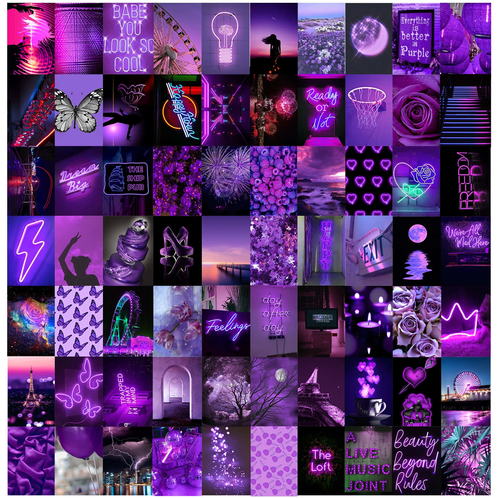 Purple Aesthetic Collage 桌布 壁紙 — 一個充滿活力的紫色主題拼貼畫，以霓虹燈、蝴蝶、玫瑰和城市夜景為特色，統一於夢幻般發光的美學中。