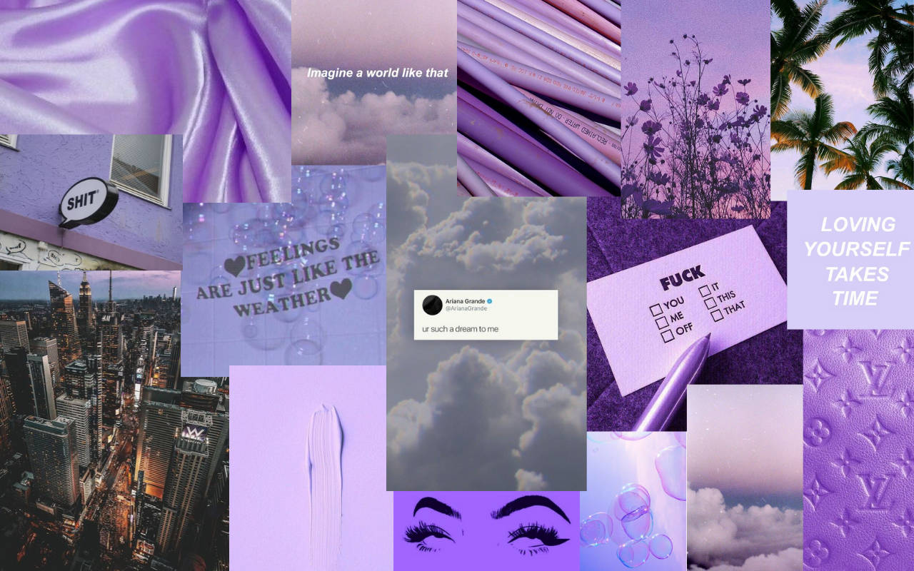macbook pro aesthetic 桌布 壁紙 — 一個充滿活力的紫色主題拼貼畫，以夢幻美學呈現城市景觀、雲朵、睫毛、奢華質感和勵志名言。