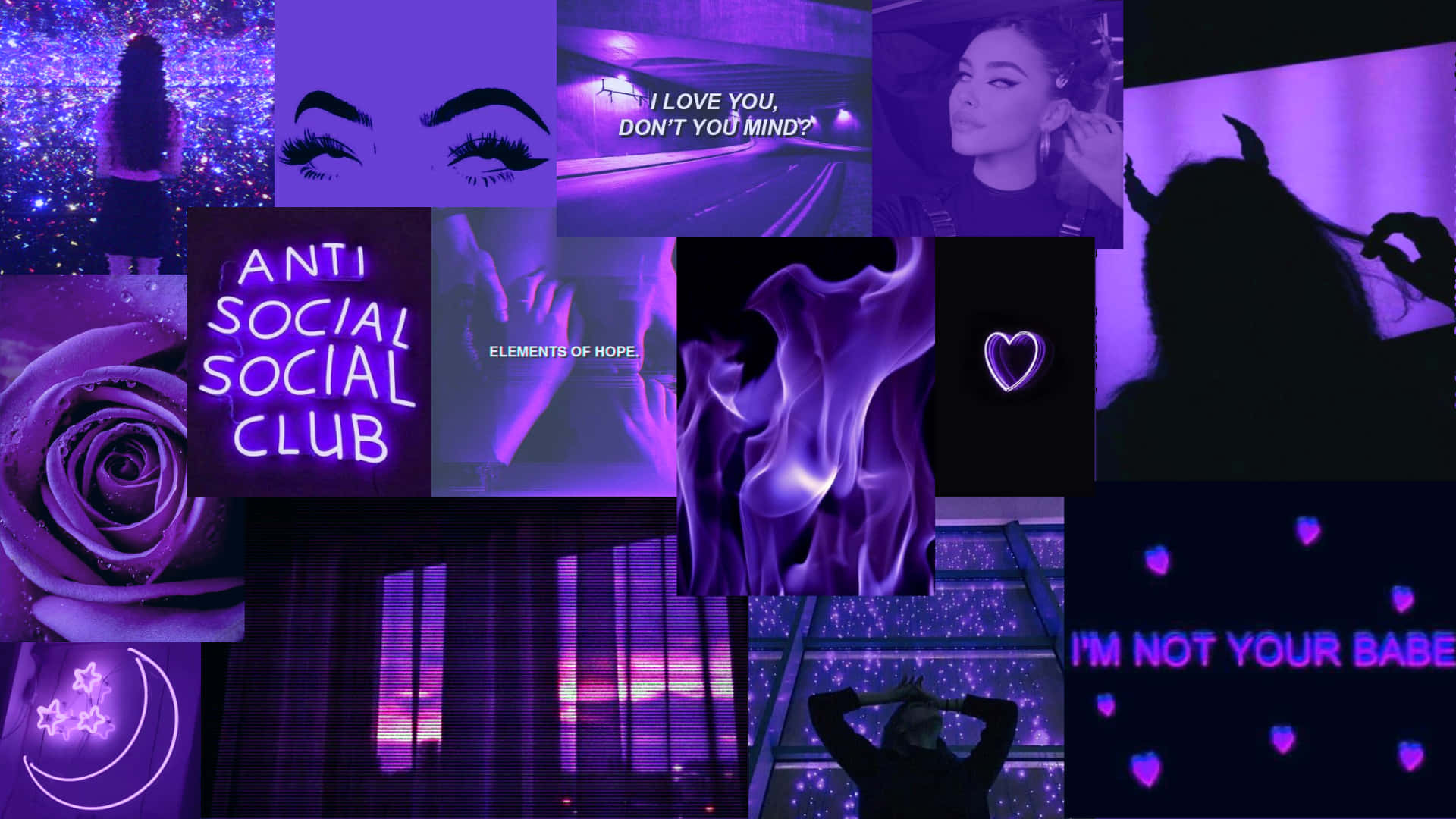 Aesthetic Tumblr Desktop 桌布 壁紙 — 一個充滿活力的紫色主題拼貼畫，包含霓虹燈、發光的心形、玫瑰和剪影，背景閃爍。