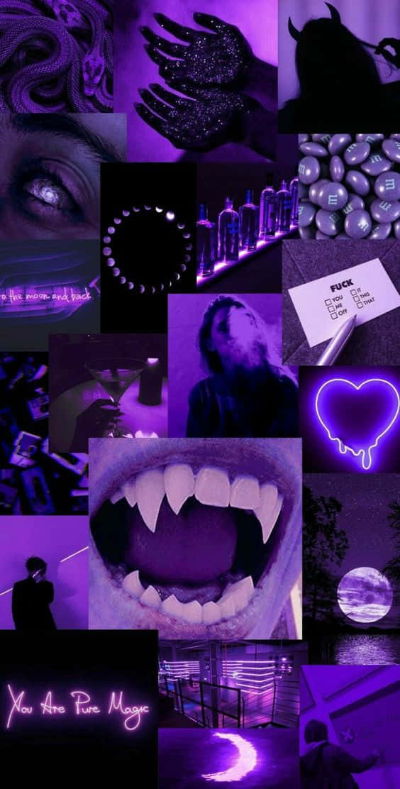 Vampire Aesthetic 桌布 壁紙 — 一個充滿活力的紫色主題拼貼畫，包含閃閃發光的手、發光的眼睛、吸血鬼牙齒、霓虹心臟和神秘符號，營造出陰鬱的美感。