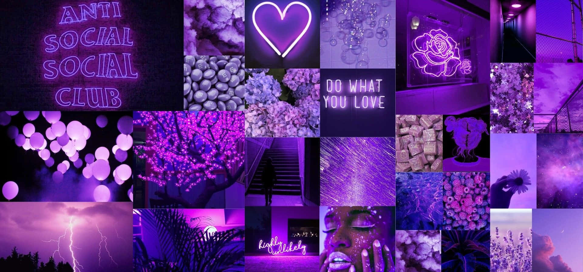 Purple Aesthetic Phone 桌布 壁紙 — 一個充滿活力的紫色主題拼貼畫，包含霓虹燈、發光的心形、花朵和閃電，背景為深色。