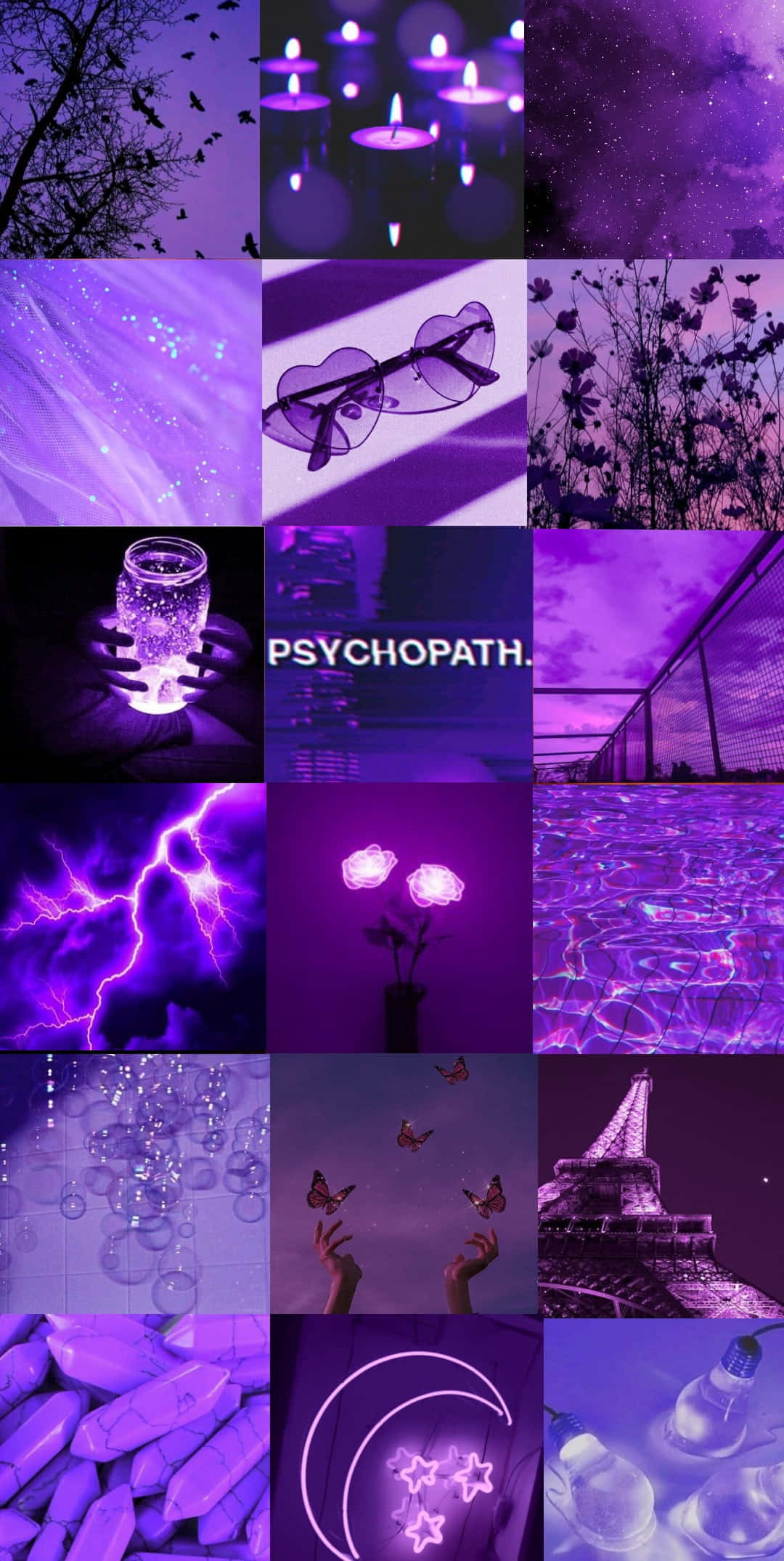 Purple Aesthetic Tumblr 桌布 壁紙 — 一個充滿活力的紫色主題拼貼畫，包含蠟燭、閃電、水晶和標誌性地標，在夢幻的霓虹光芒下。