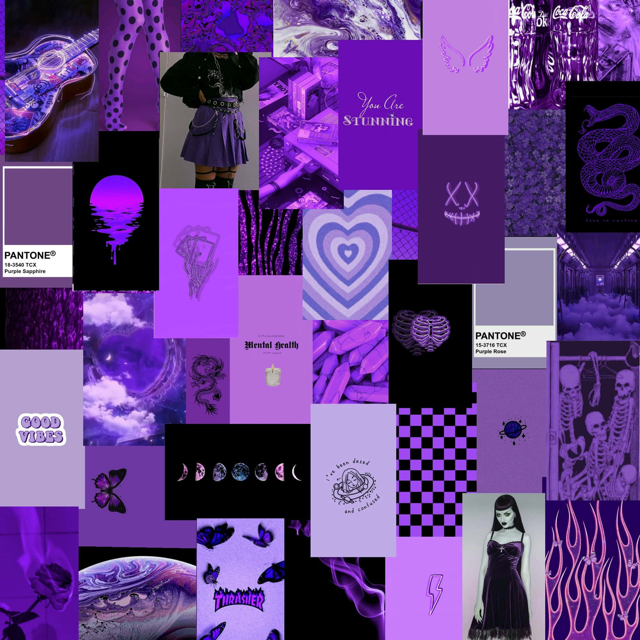 Purple Aesthetic Collage 桌布 壁紙 — 一個充滿活力的紫色主題拼貼畫，包含吉他、頭骨、蝴蝶和 Pantone 色板，營造出陰鬱的美感。