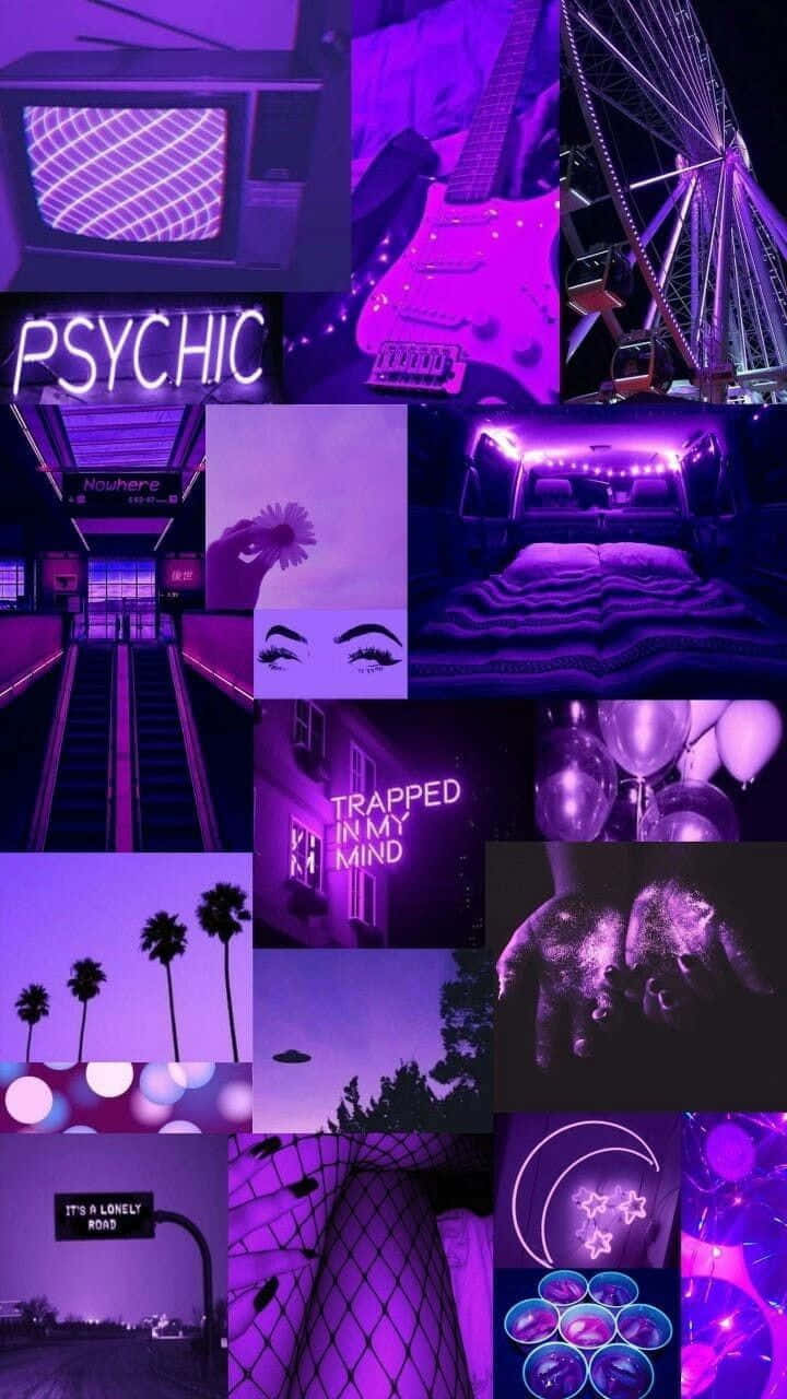 Purple Aesthetic Tumblr 桌布 壁紙 — 一個充滿活力的紫色主題拼貼畫，包含霓虹燈、吉他、摩天輪和棕櫚樹，呈現夢幻復古美學。