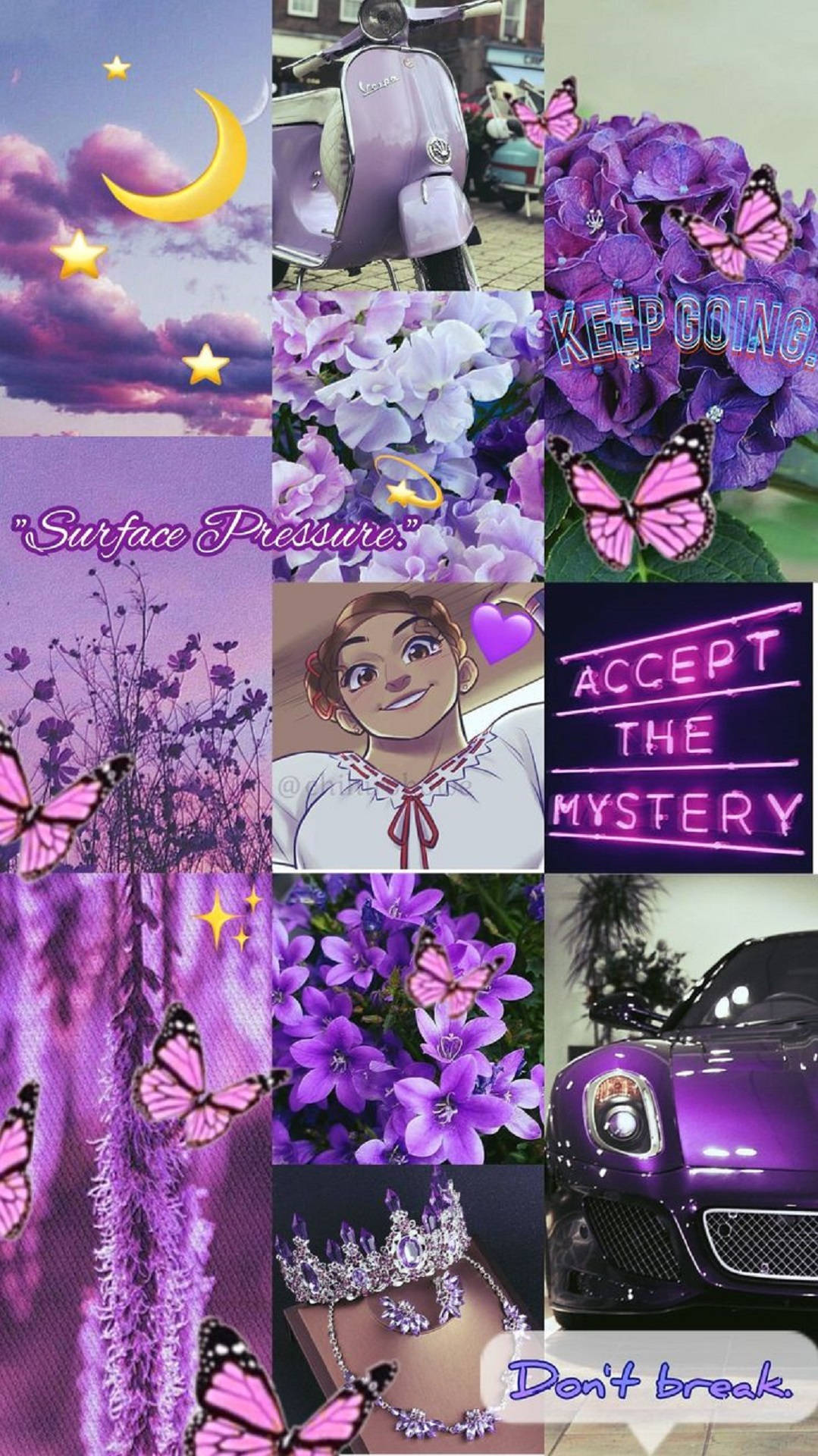 Luisa 桌布 壁紙 — 一個充滿活力的紫色主題拼貼畫，包含蝴蝶、花朵、滑板車、汽車和動漫藝術，背景是新月天空。