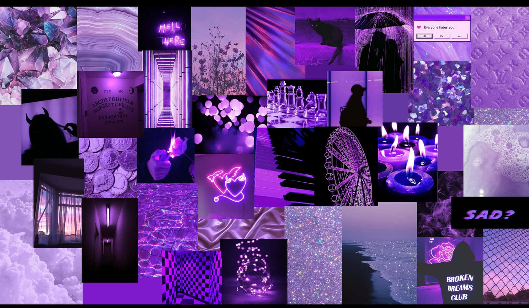 Purple Aesthetic Collage 桌布 壁紙 — 一個充滿活力的紫色主題拼貼畫，包含霓虹燈、蠟燭、國際象棋棋子和剪影，背景閃爍發光。