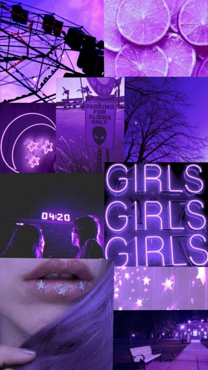 Purple Aesthetic Phone 桌布 壁紙 — 一個充滿活力的紫色主題拼貼畫，包含霓虹燈牌、星星、檸檬片和摩天輪，背景是夢幻的夜空。
