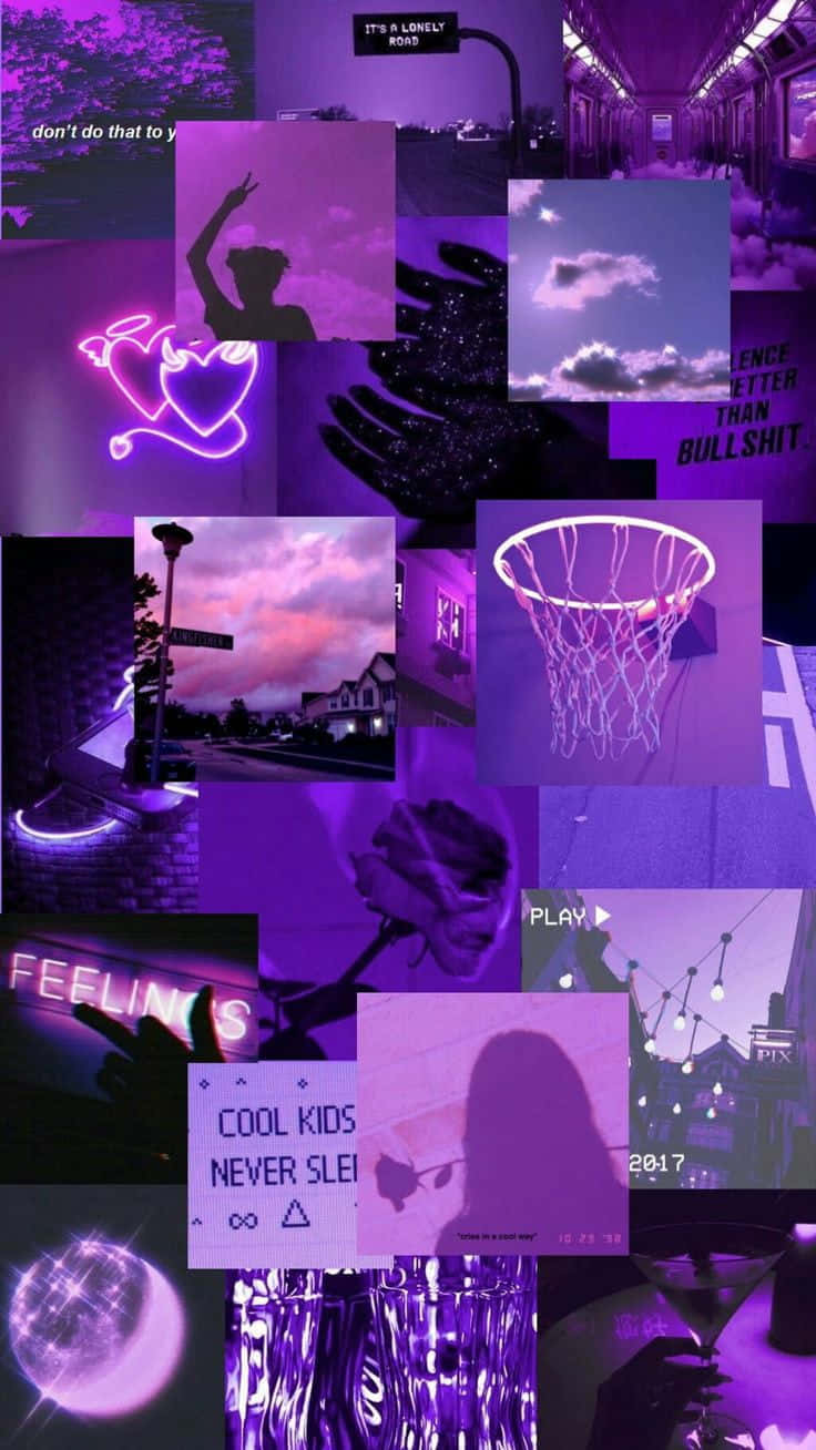 Purple Aesthetic Tumblr 桌布 壁紙 — 一個充滿活力的紫色主題拼貼畫，包含霓虹燈招牌、籃球框、玫瑰和帶有文字疊加的都市街景。