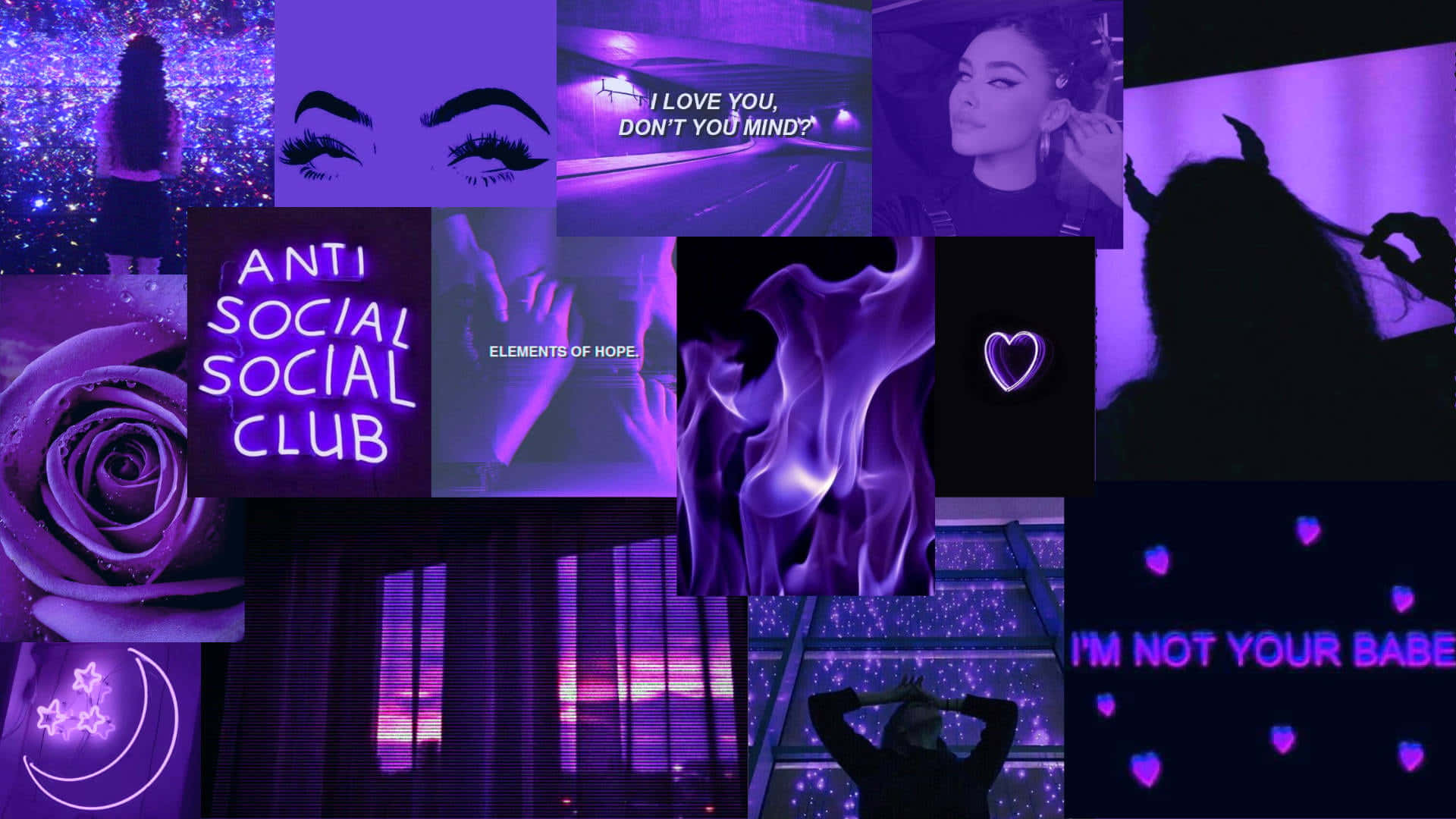 Aesthetic Collage Desktop 桌布 壁紙 — 一個充滿活力的紫色主題拼貼畫，包含霓虹文字、發光的心形、玫瑰和剪影，背景是星空和城市。