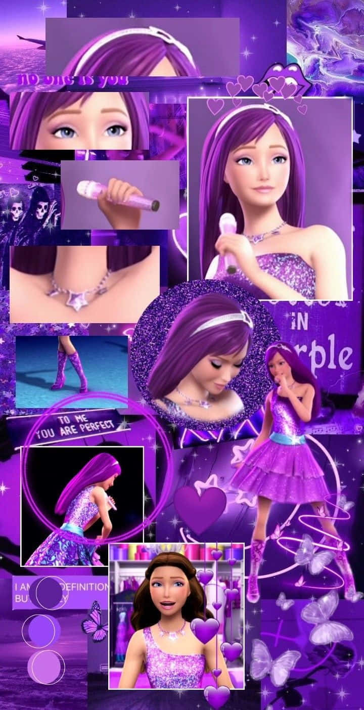 Purple Aesthetic Tumblr 桌布 壁紙 — 一個充滿活力的紫色主題拼貼畫，包含多張長紫色頭髮的娃娃拿著麥克風、穿著閃亮服裝的圖片。