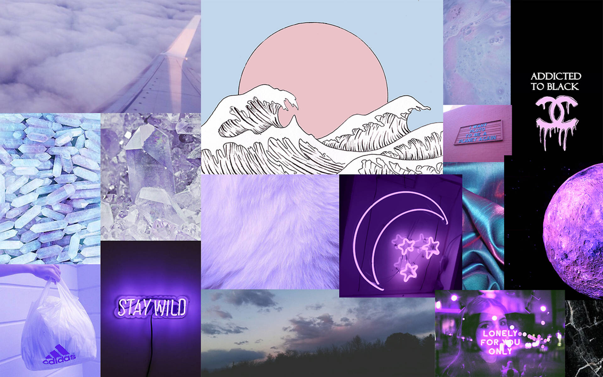 Purple Collage 桌布 壁紙 — 一個充滿活力的紫色主題拼貼畫，包含霓虹燈、水晶、波浪和宇宙元素，呈現夢幻美學。