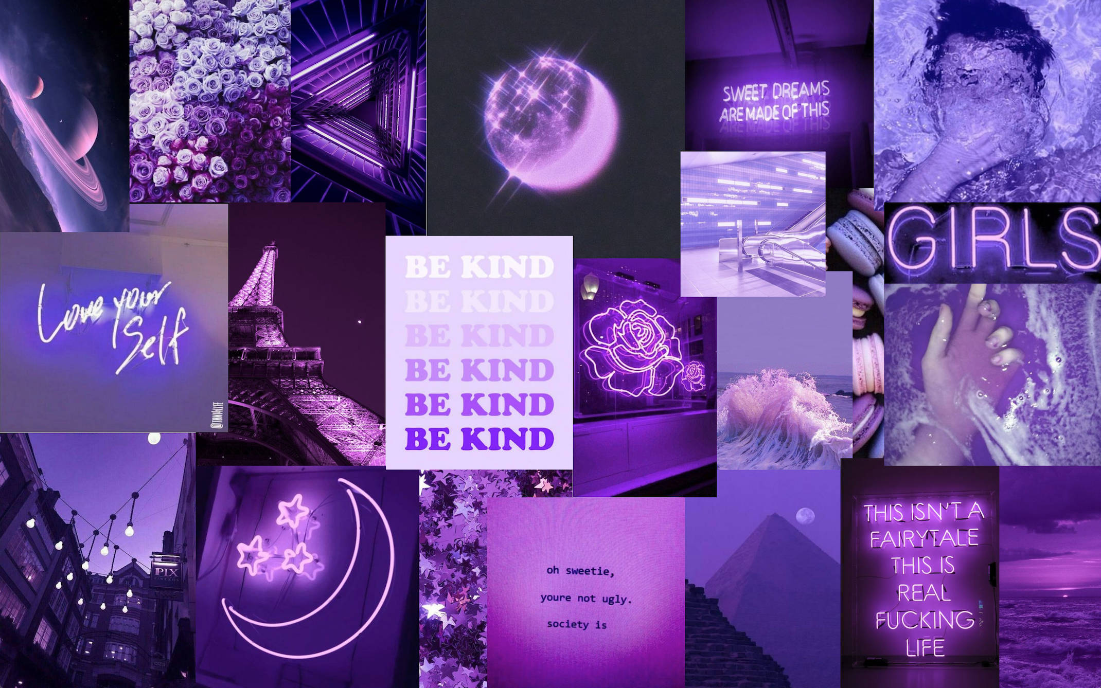 Purple Collage 桌布 壁紙 — 一個充滿活力的紫色主題拼貼畫，包含霓虹燈牌、勵志語句和夢幻宇宙圖像，呈現統一的美學風格。