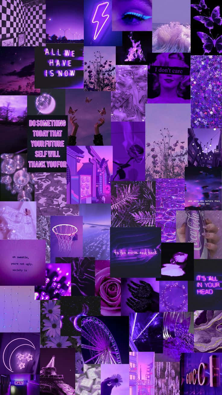 Purple Collage 桌布 壁紙 — 一個充滿活力的紫色主題數位拼貼畫， featuring 霓虹燈牌語錄、蝴蝶和夢幻質感，呈現年輕美學。