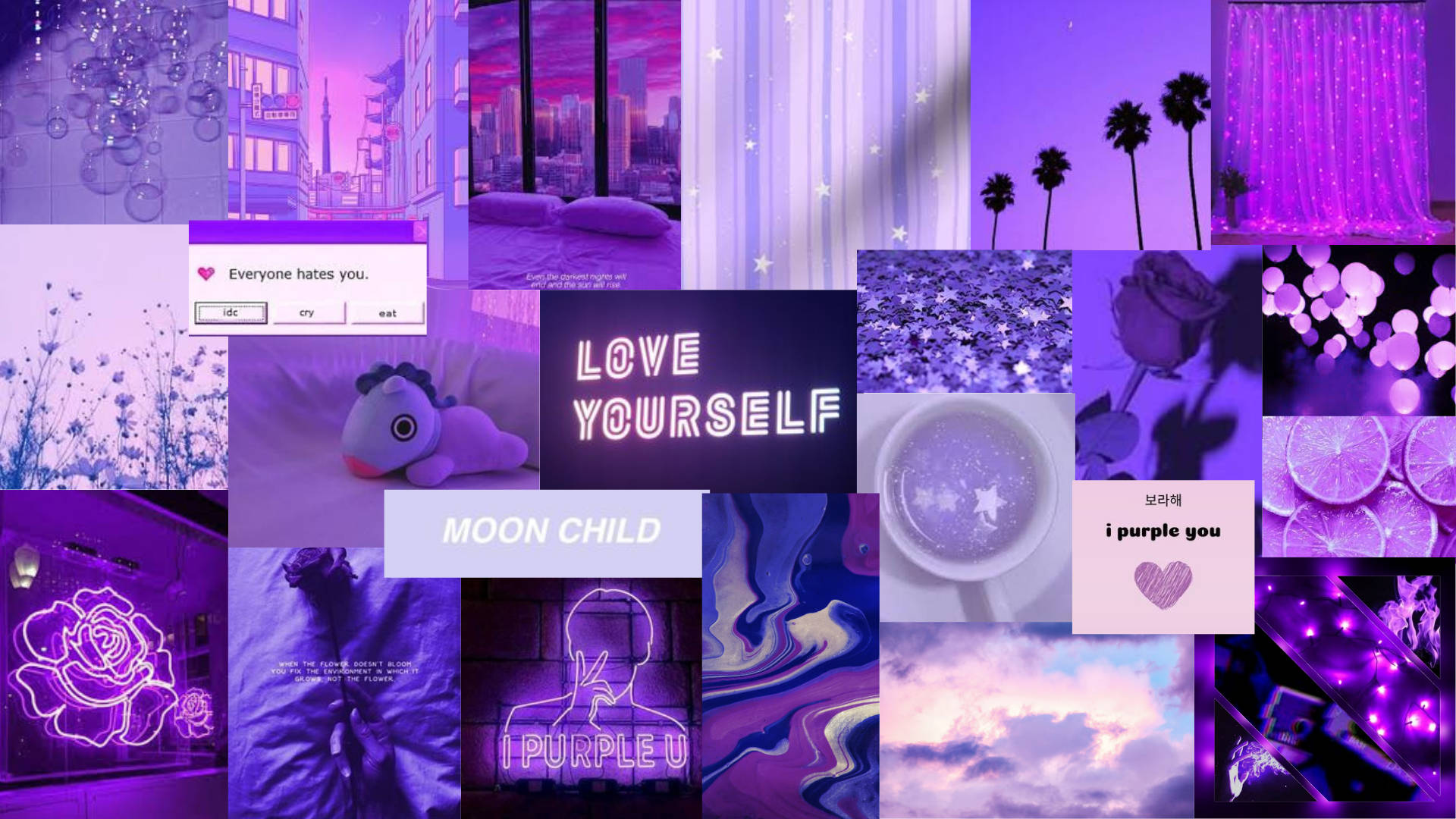 Purple Collage 桌布 壁紙 — 一個充滿活力的紫色主題數位拼貼畫，包含霓虹燈、玫瑰、棕櫚樹和勵志文字，呈現夢幻美感。