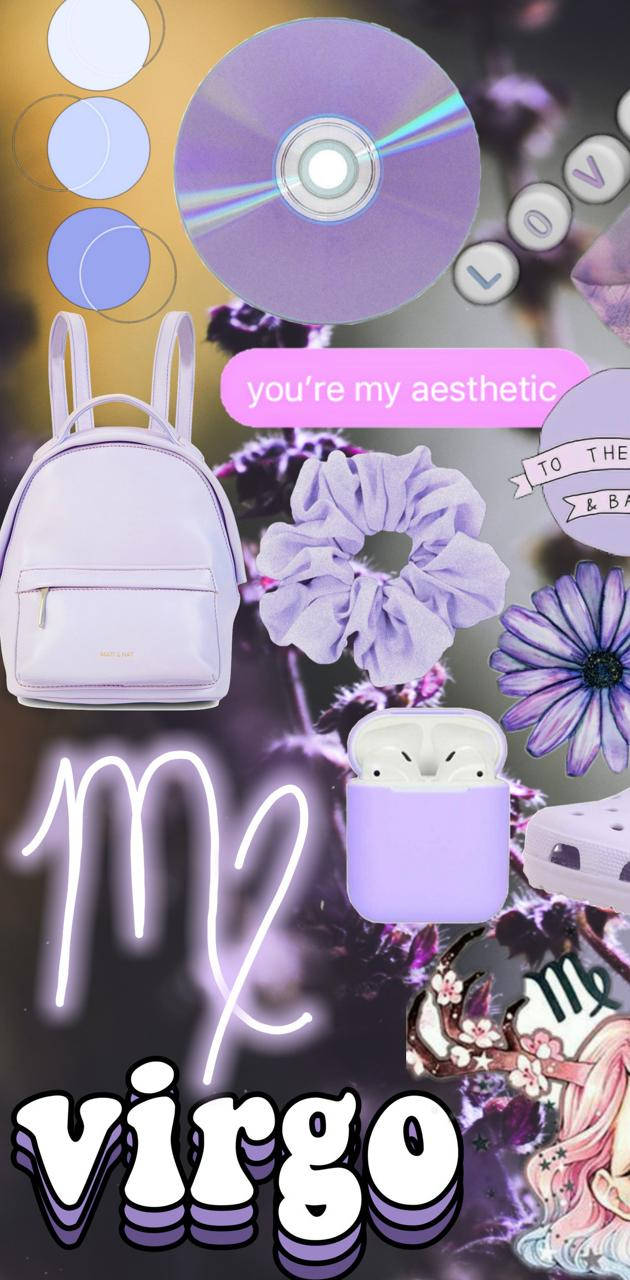 Virgo 桌布 壁紙 — 一個充滿活力的紫色主題美學拼貼，包含背包、耳塞、花朵和處女座星座文字，背景為漸變色。