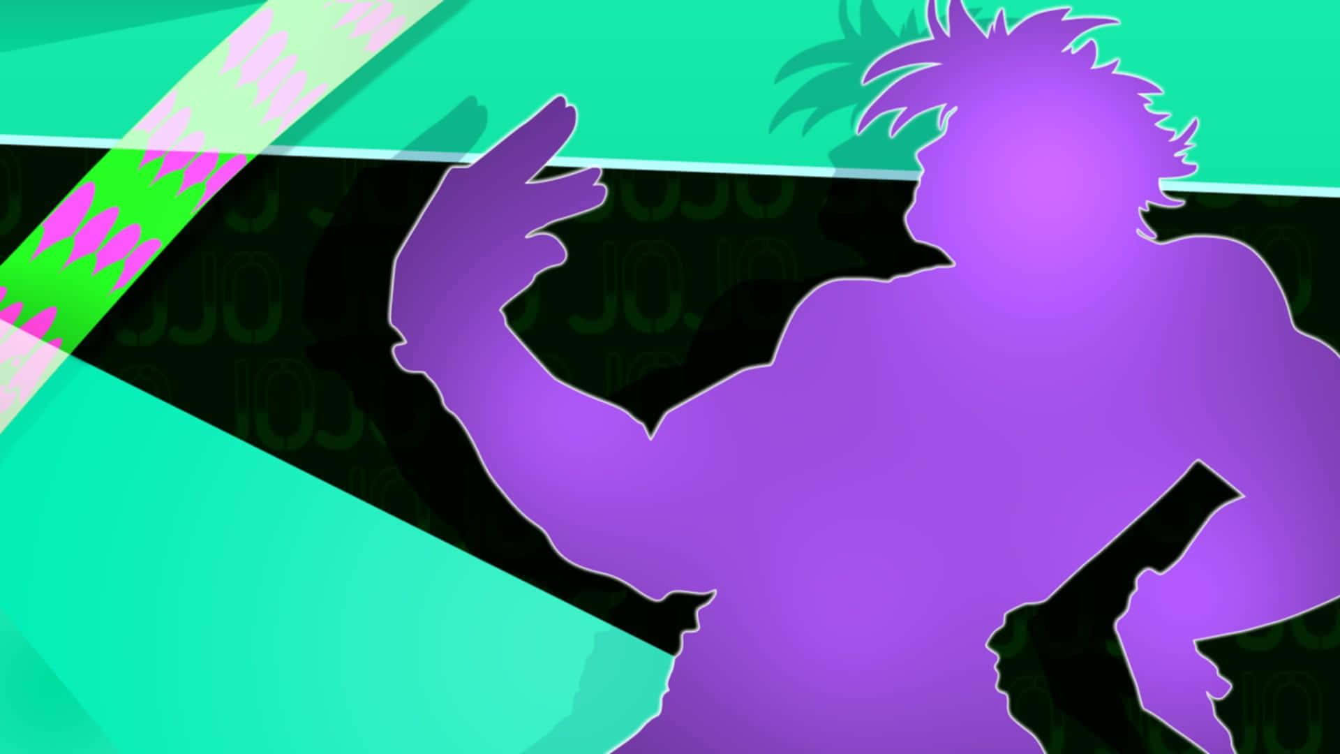 Battle Tendency 桌布 壁紙 — 一個充滿活力的紫色剪影，描繪一個擁有尖刺頭髮的動漫角色，在青色和黑色幾何背景上擺出動態姿勢，背景帶有重複文字。
