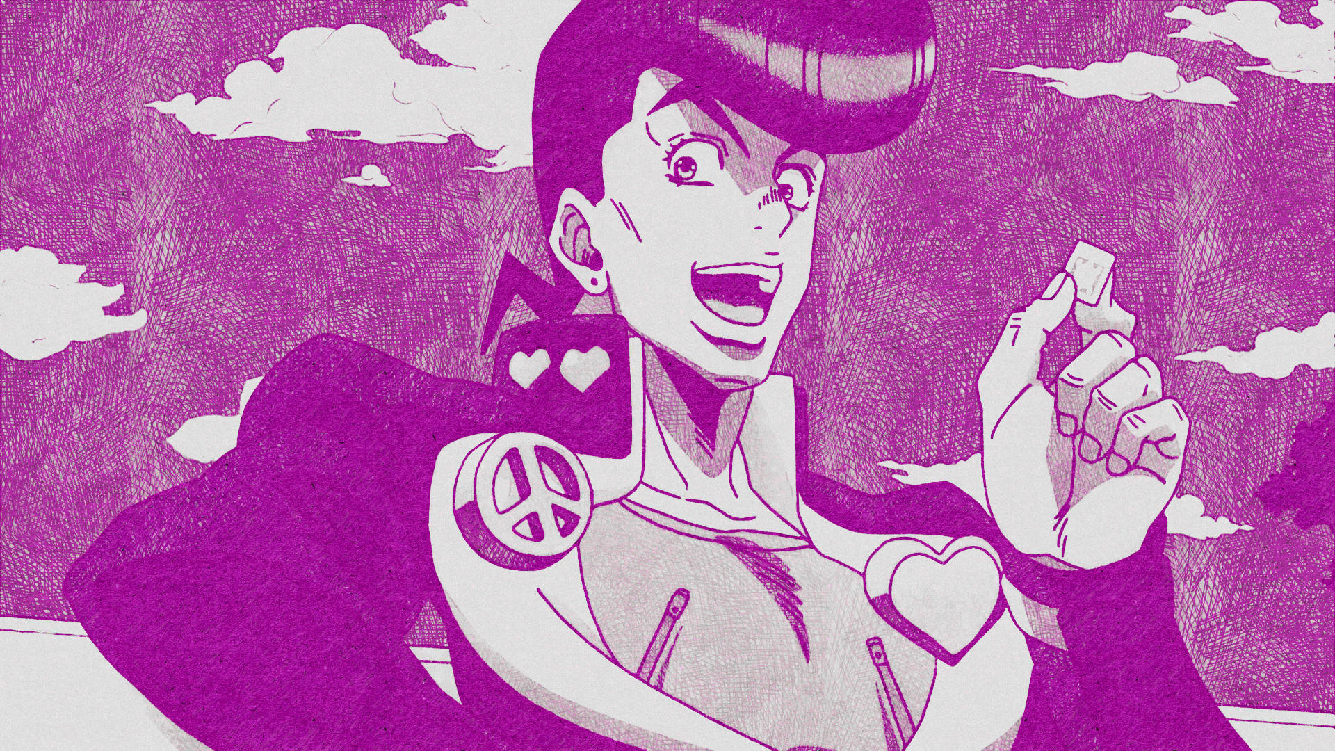 Josuke 桌布 壁紙 — 一個充滿活力的紫色動漫角色，穿著和平標誌外套和心形配飾，在陰天背景下微笑著手持一個小物件。