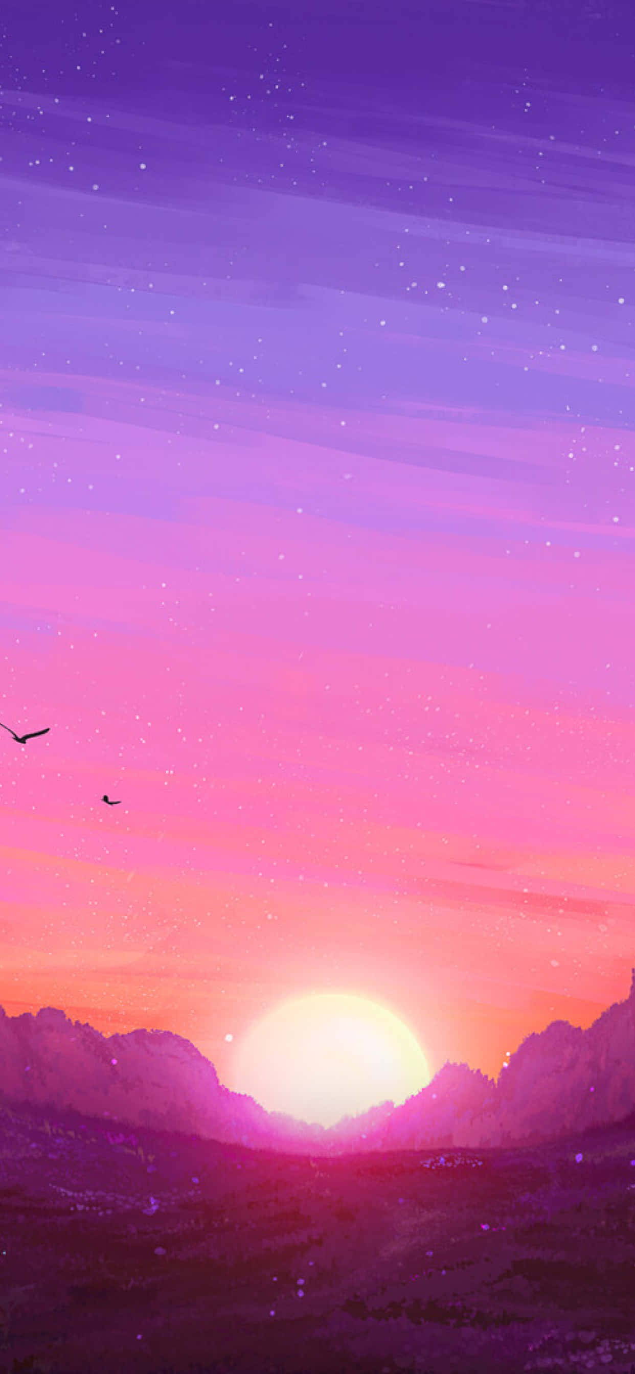 Sunrise iPhone 桌布 壁紙 — 一個充滿活力的紫色和粉紅色日落，映襯著剪影山脈，兩隻鳥在星空下飛翔。