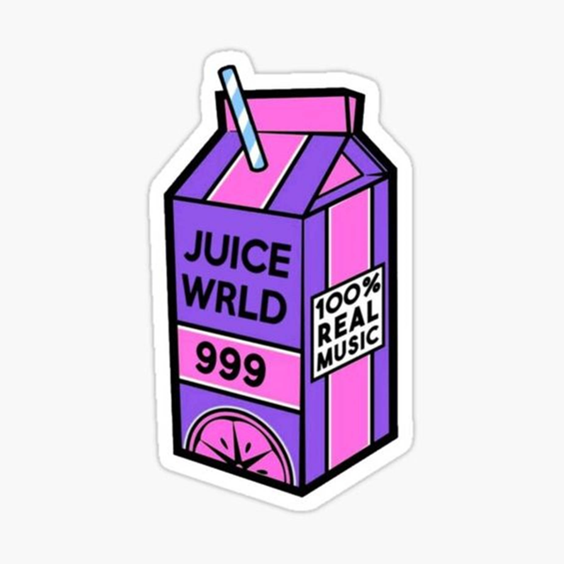 一個紫色和粉紅色的果汁盒貼紙，標有 Juice WRLD 999 和 100% Real Music。 — Juice Wrld 壁紙