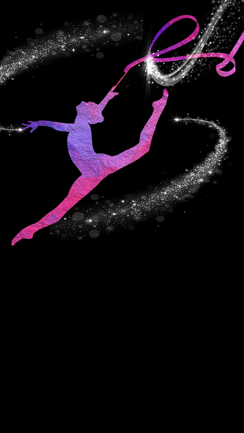 Gymnastics 桌布 壁紙 — 一個充滿活力的紫色和粉紅色體操運動員剪影在黑色背景上動態跳躍，留下閃閃發光的亮片和發光的絲帶。