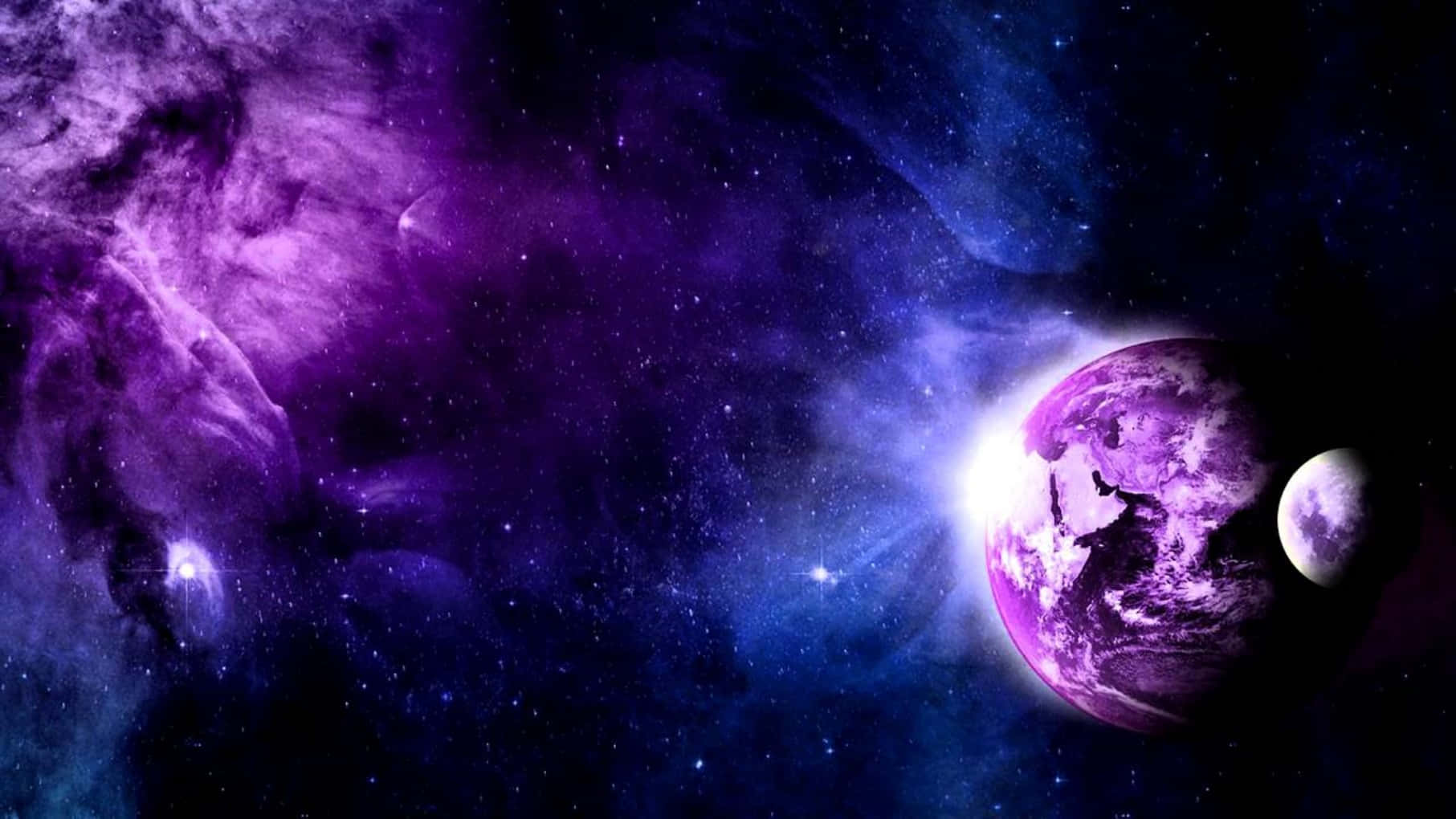 Eclipse 桌布 壁紙 — 一個充滿活力的紫色和藍色星雲在繁星點點的宇宙中圍繞著一顆發光的行星和它的衛星旋轉。