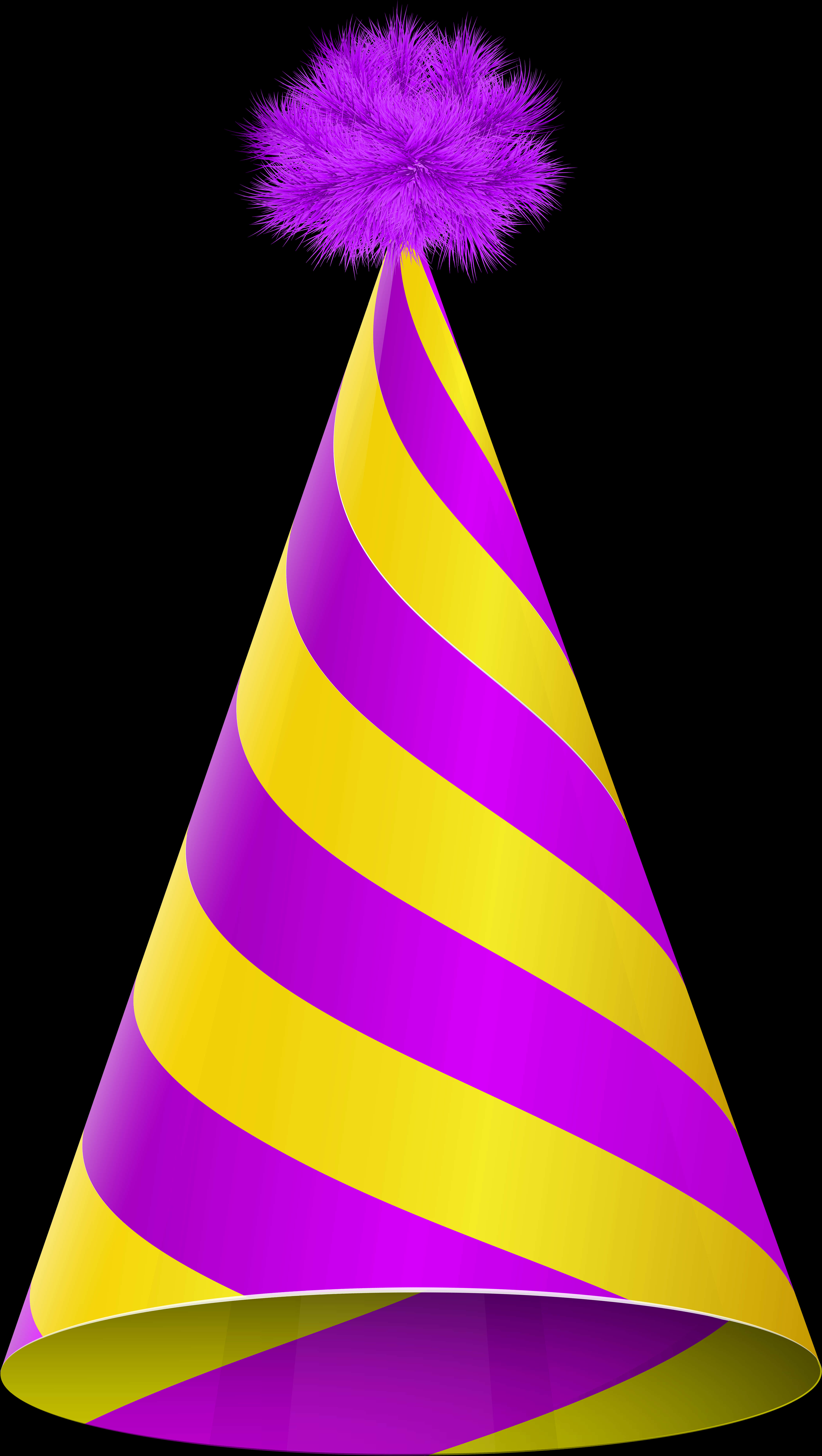 Birthday 桌布 壁紙 — 一個充滿活力的紫色和黃色條紋派對帽，頂部有一個毛茸茸的紫色絨球，背景為黑色。
