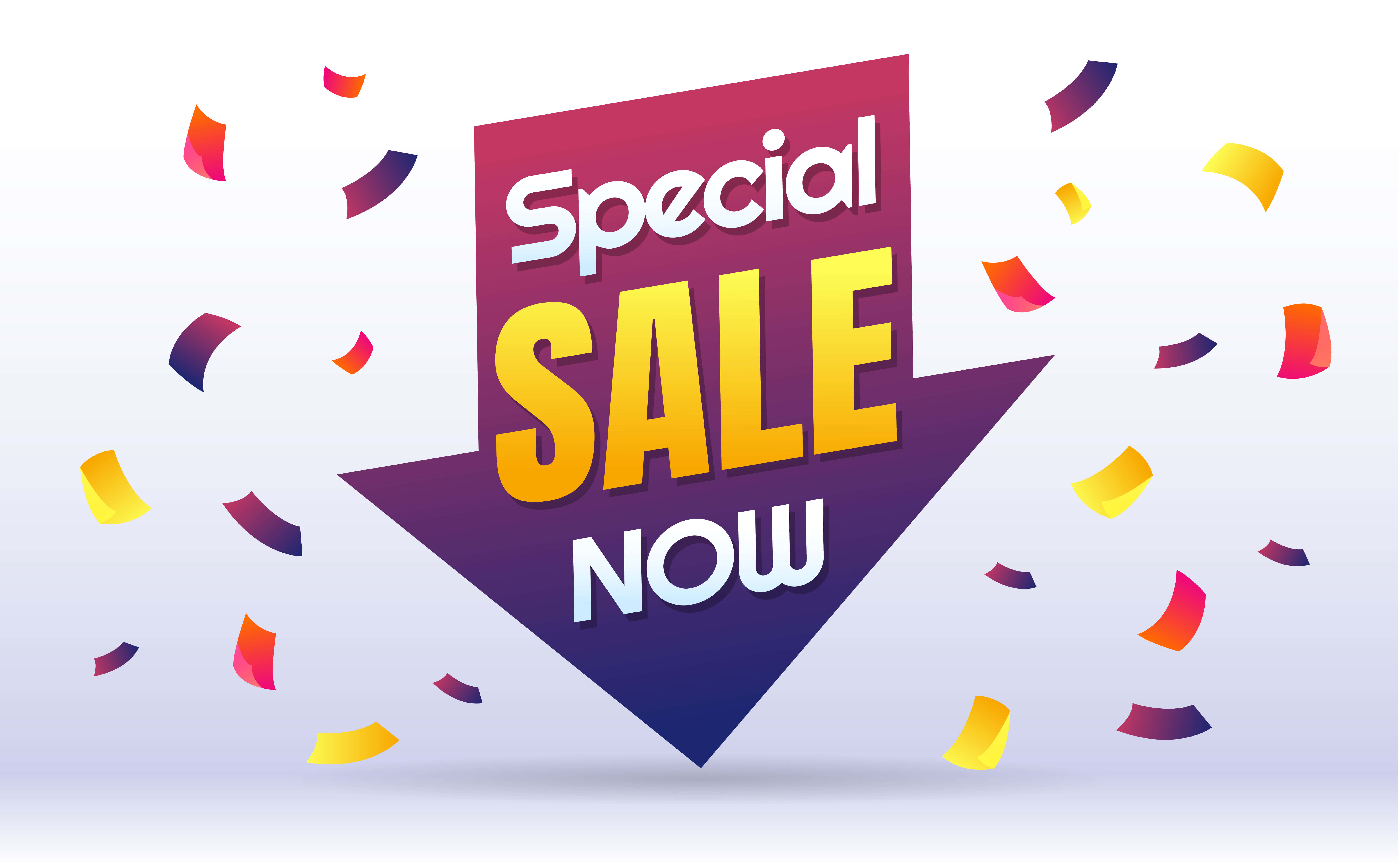 Sales 桌布 壁紙 — 一個充滿活力的紫色和黃色箭頭形橫幅宣佈 'Special Sale Now'，周圍有五彩紙屑飄落在柔和的漸變背景上。