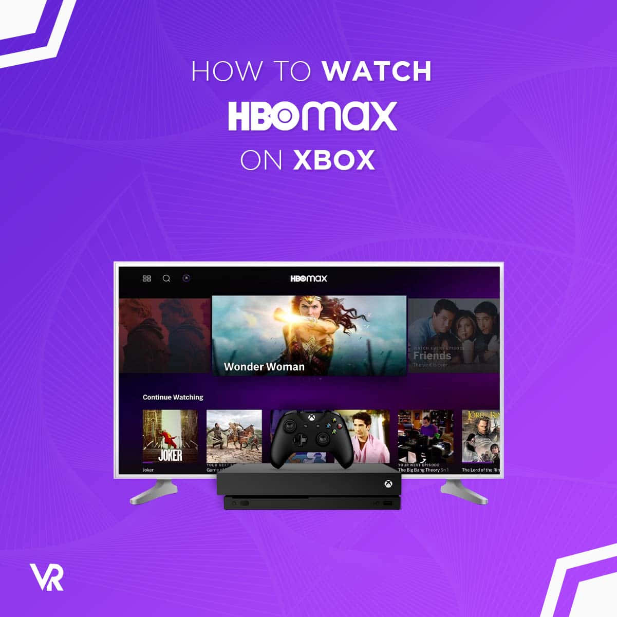 HBO 桌布 壁紙 — 一個充滿活力的紫色圖形顯示Xbox主機和一台電視，電視上顯示HBO Max介面，包含神力女超人和其它節目。