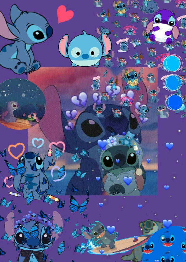 stitch collage 桌布 壁紙 — 一個充滿活力的紫色壁紙拼貼，展示多個可愛的史迪奇角色，被心形和蝴蝶環繞，擺出各種俏皮姿勢。