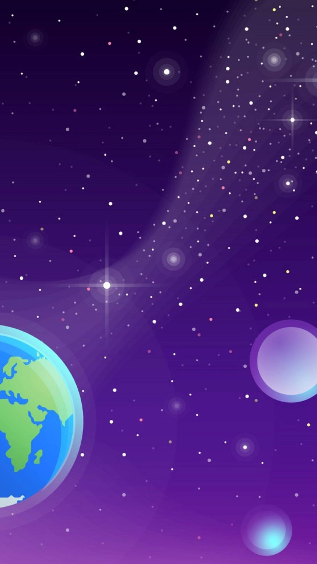宇宙 桌布 壁紙 — 一個充滿活力的紫色宇宙場景，地球和發光的球體漂浮在閃爍的星星之間。