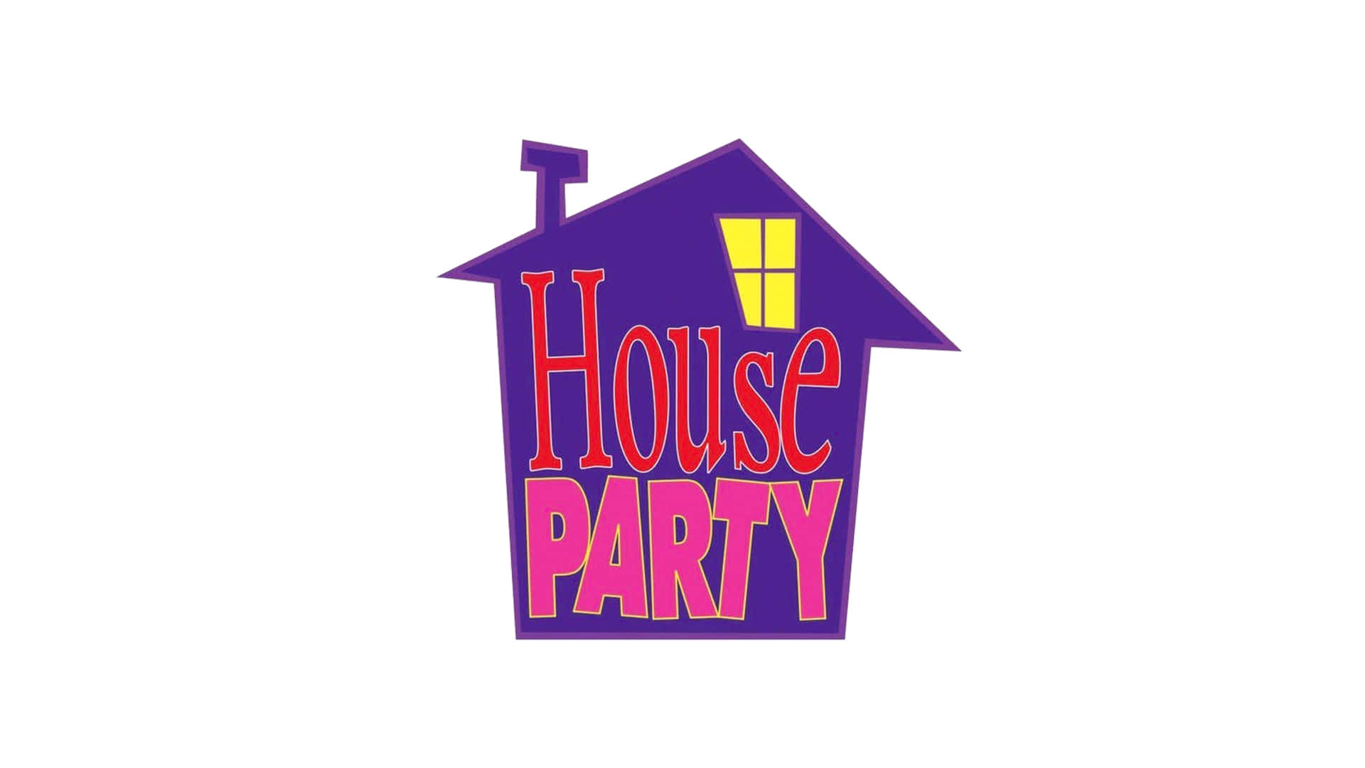 House Party 桌布 壁紙 — 一個充滿活力的紫色房屋形狀標誌，帶有紅色和粉紅色的文字「House Party」和一個發光的黃色窗戶。