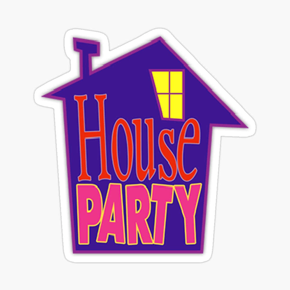 House Party 桌布 壁紙 — 一個充滿活力的紫色房屋形狀貼紙，帶有粗體紅色和粉紅色的「House Party」文字以及發光的黃色窗戶。