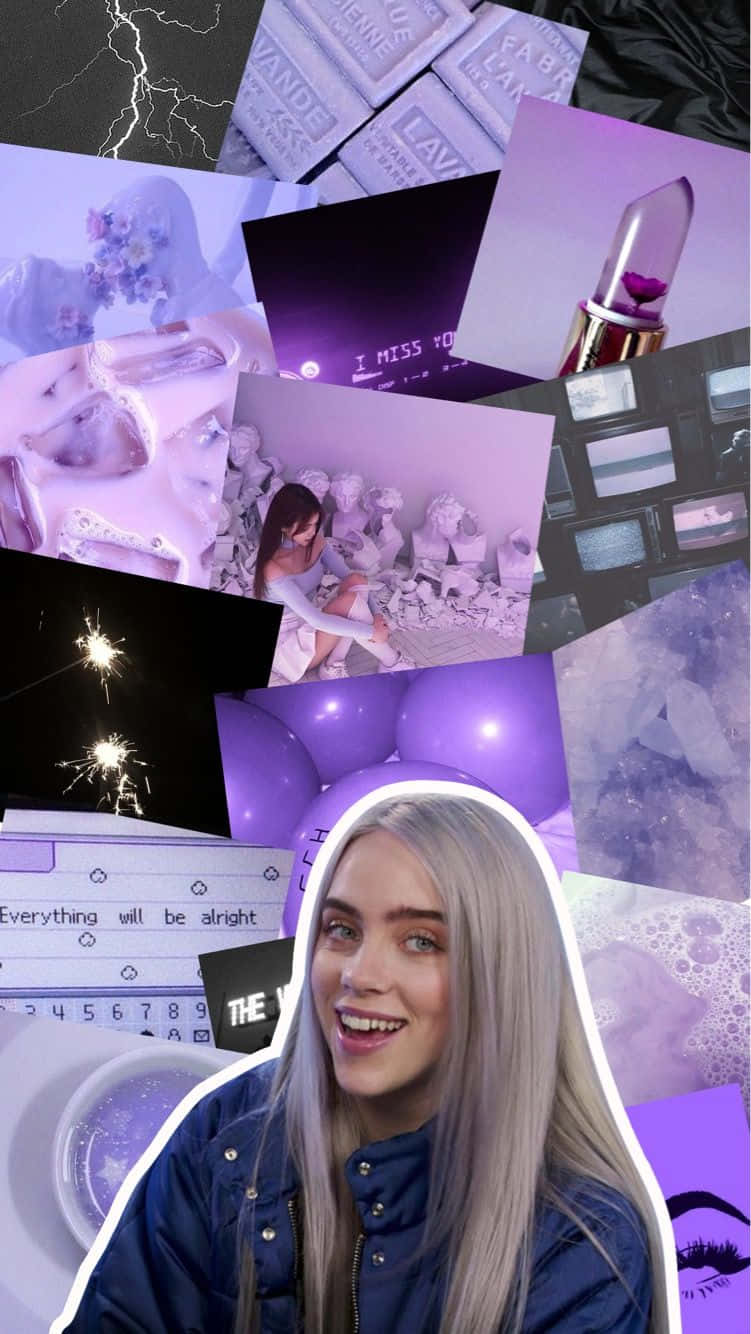 Billie Eilish Purple 桌布 壁紙 — 一個充滿活力的紫色拼貼畫， featuring 一位微笑的金髮女子、煙火、口紅和夢幻美學元素。
