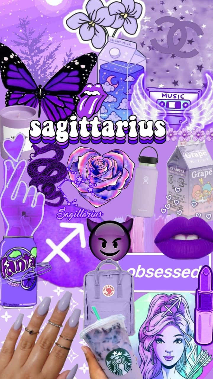 Sagittarius Aesthetic 桌布 壁紙 — 一個充滿活力的紫色拼貼畫，以射手座符號、蝴蝶、玫瑰、飲料和動漫風格女孩為特色，背景是星空。