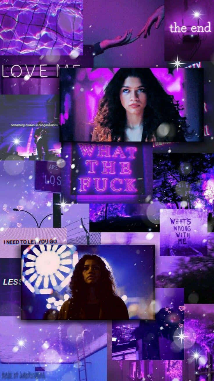 Euphoria Hbo iPhone 桌布 壁紙 — 一個充滿活力的紫色拼貼畫，包含Zendaya的電影片段和文字疊加，帶有發光效果和閃光。