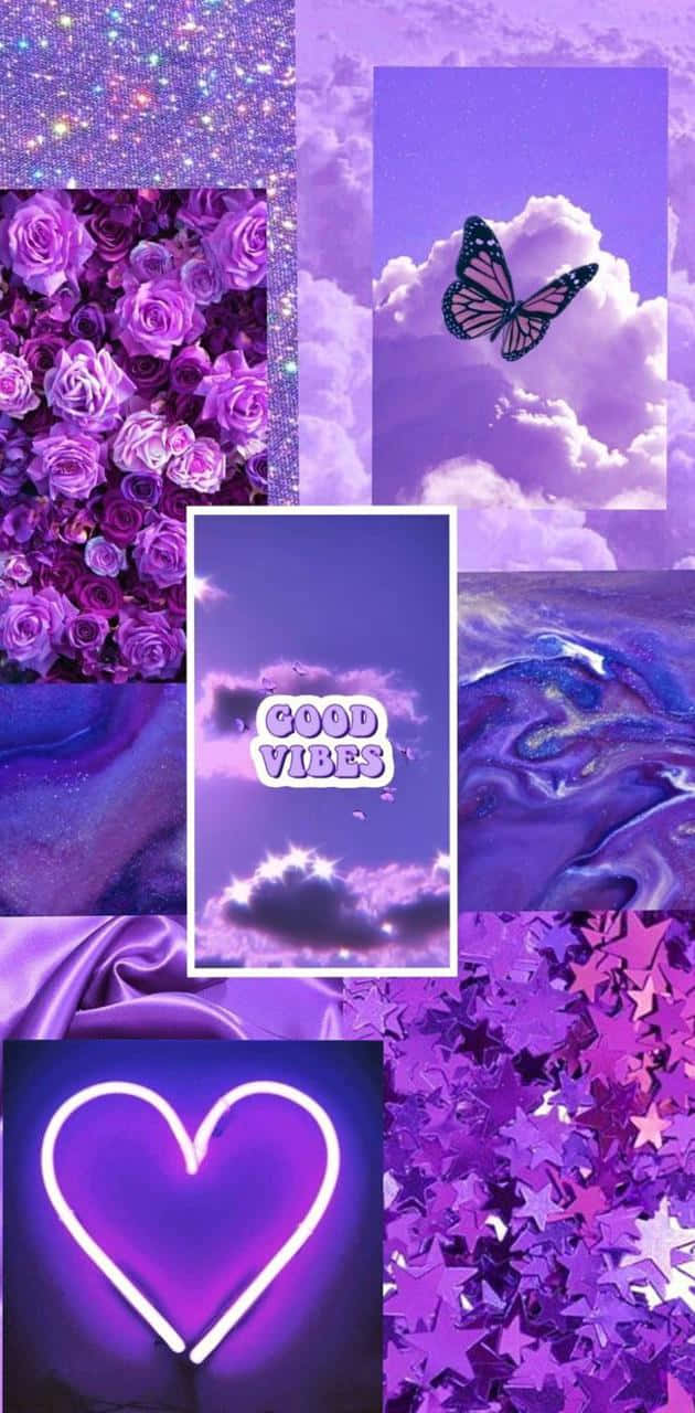 Good Vibes 桌布 壁紙 — 一個充滿活力的紫色拼貼畫，包含玫瑰、蝴蝶、閃粉、心形和抽象漩渦，並帶有「good vibes」文字疊加。