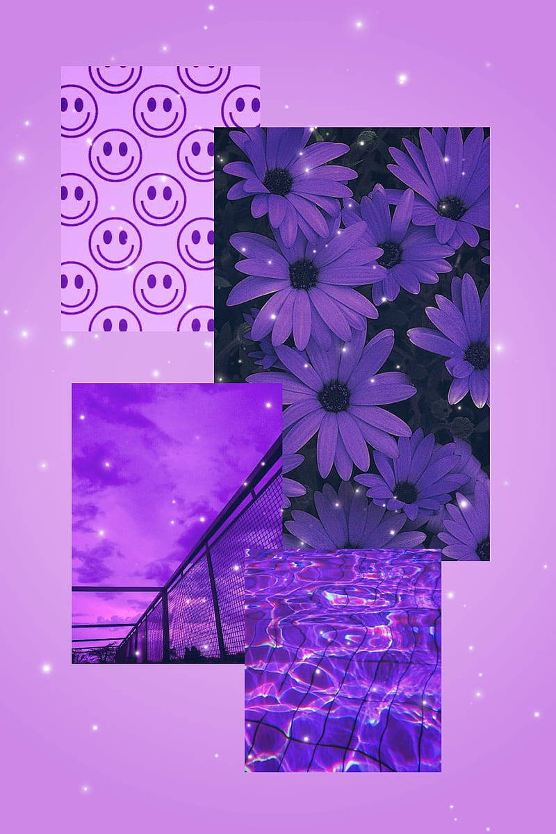 Aesthetic Purple 桌布 壁紙 — 一個充滿活力的紫色拼貼畫，包含笑臉、花朵、水波紋和圍欄，背景是星空。