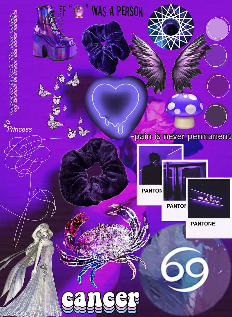Cancer Zodiac Sign 桌布 壁紙 — 一個充滿活力的紫色數位拼貼，包含閃閃發光的螃蟹、天鵝絨髮圈、天使翅膀和發光的心臟，背景是宇宙。