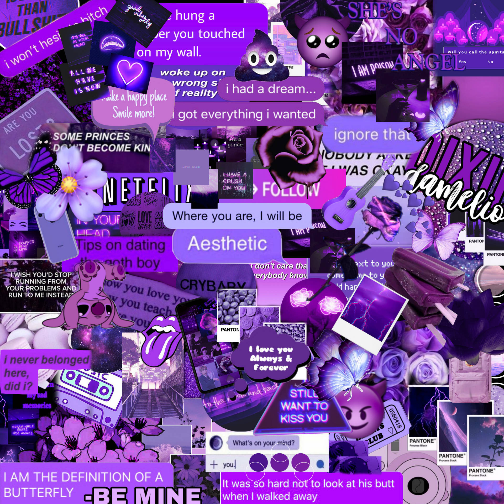 Purple Collage 桌布 壁紙 — 一個充滿活力的紫色數位拼貼，包含文字引言、蝴蝶、玫瑰和流行文化圖標，呈現混亂美學。