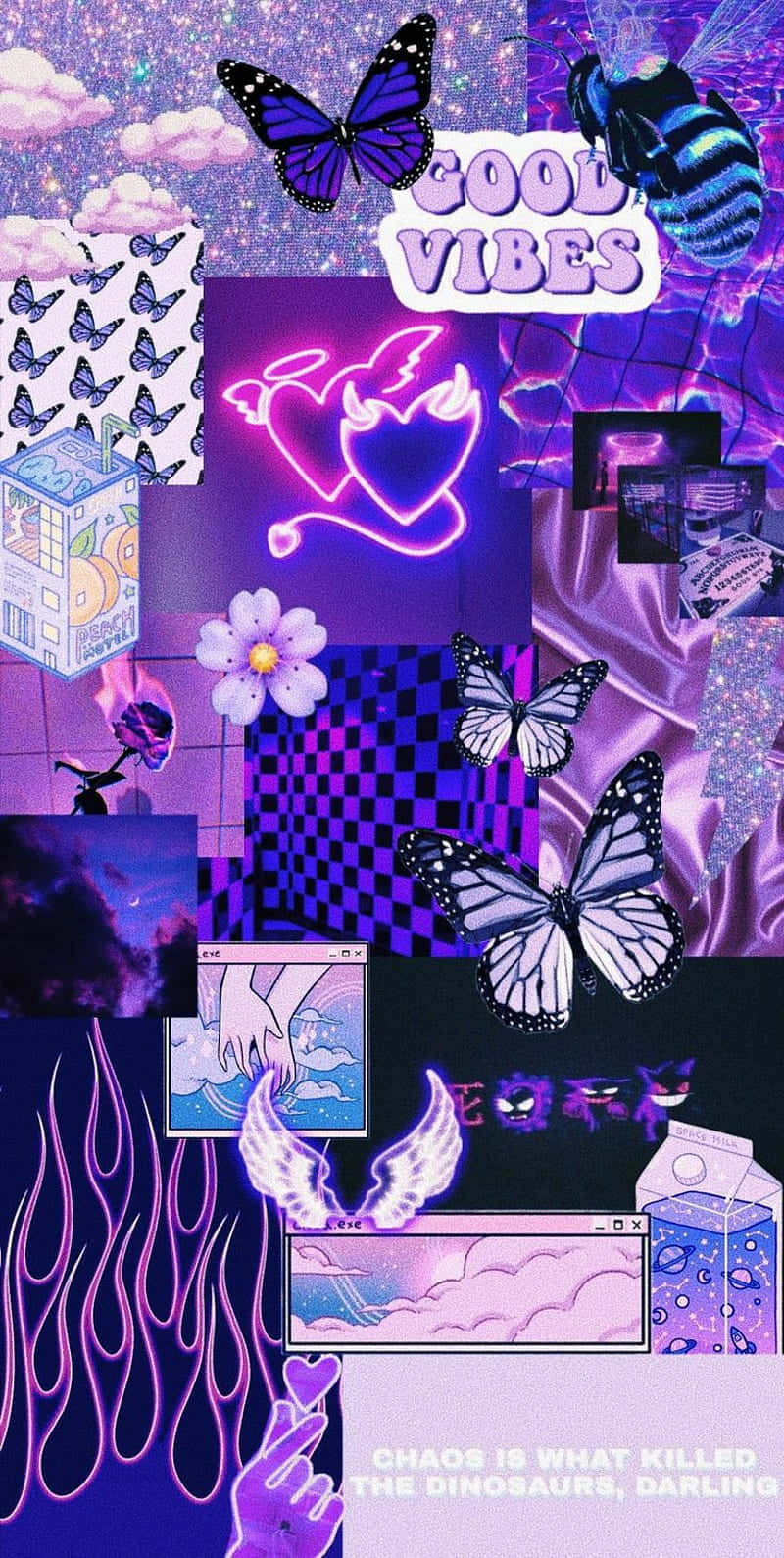 Purple Aesthetic Tumblr 桌布 壁紙 — 一個充滿活力的紫色數位拼貼畫，包含蝴蝶、霓虹心形和超現實元素，主題為「酷炫氛圍」。