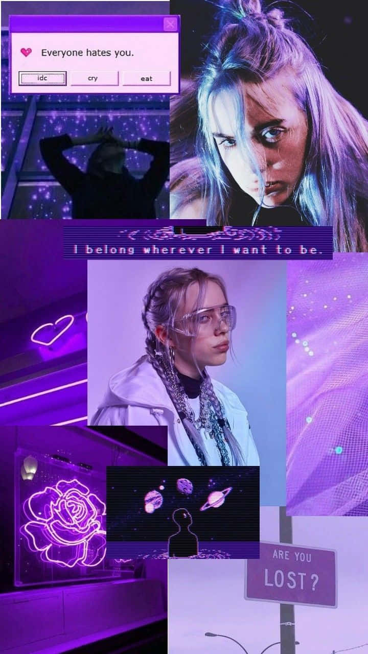 Billie Eilish Purple 桌布 壁紙 — 一個充滿活力的紫色數位拼貼畫，描繪了一位年輕女性，擁有發光的頭髮、霓虹燈和賽博龐克美學中的勵志名言。