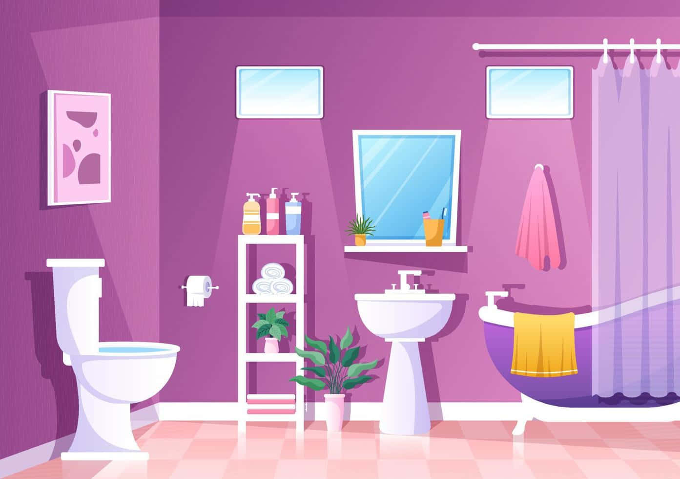 Bathroom Decor 桌布 壁紙 — 一個充滿活力的紫色浴室，配有白色裝置和粉紅色磁磚地板，設有浴缸、洗手盆、馬桶以及帶有植物和洗漱用品的架子。