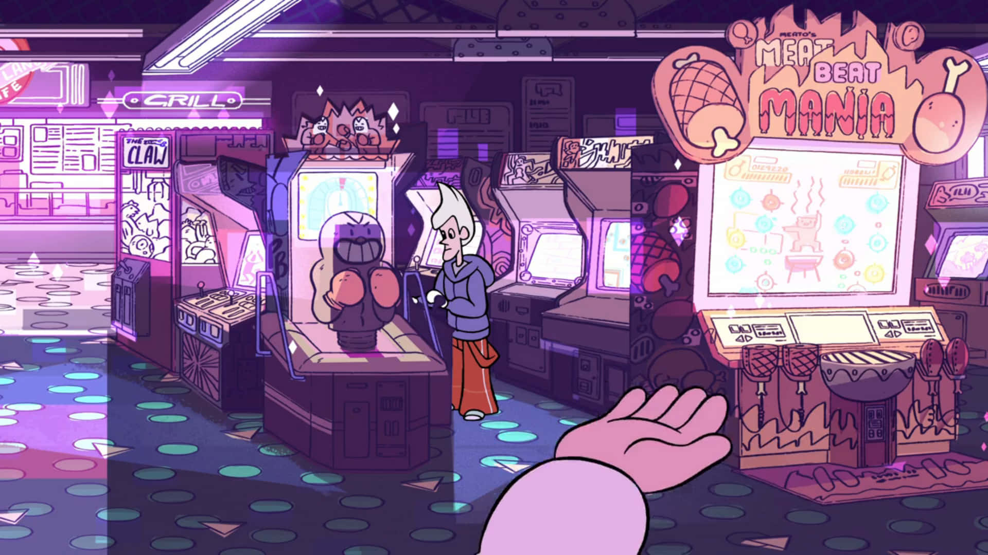 Arcade Aesthetic 桌布 壁紙 — 一個充滿活力的紫色燈光遊戲機中心，內有復古遊戲機和一個正在玩拳擊遊戲的角色。