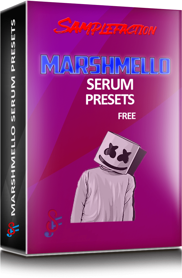 Marshmello 動態圖 桌布 壁紙 — 一個充滿活力的紫色盒子，上面有Marshmello角色和發光文字，宣傳免費的Serum預設。