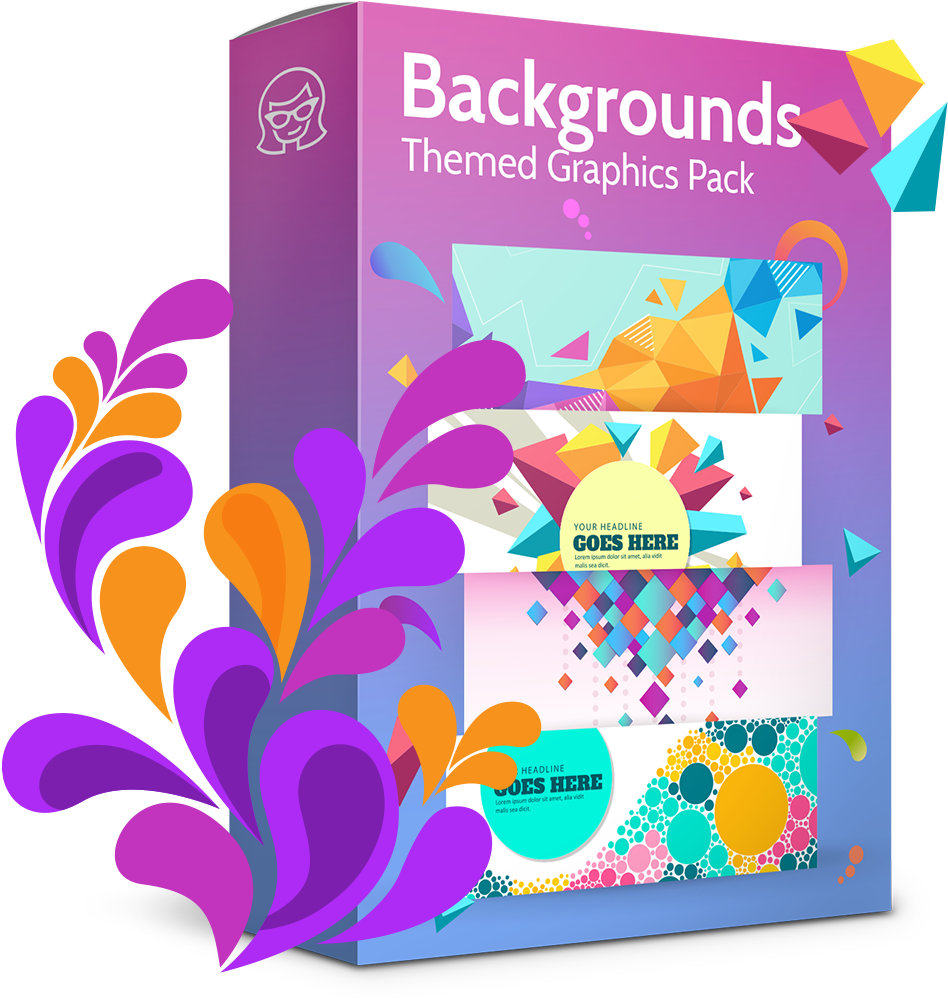 圖形 桌布 壁紙 — 一個充滿活力的紫色盒子，標有「Backgrounds Themed Graphics Pack」，爆發出色彩繽紛的抽象幾何圖案和流動形狀。