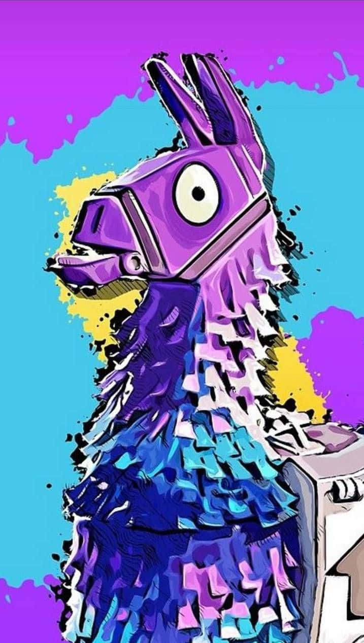 Gaming Art 桌布 壁紙 — 一個充滿活力的紫色羊駝皮納塔，在明亮的藍色和黃色背景上帶有鮮明的油漆飛濺。