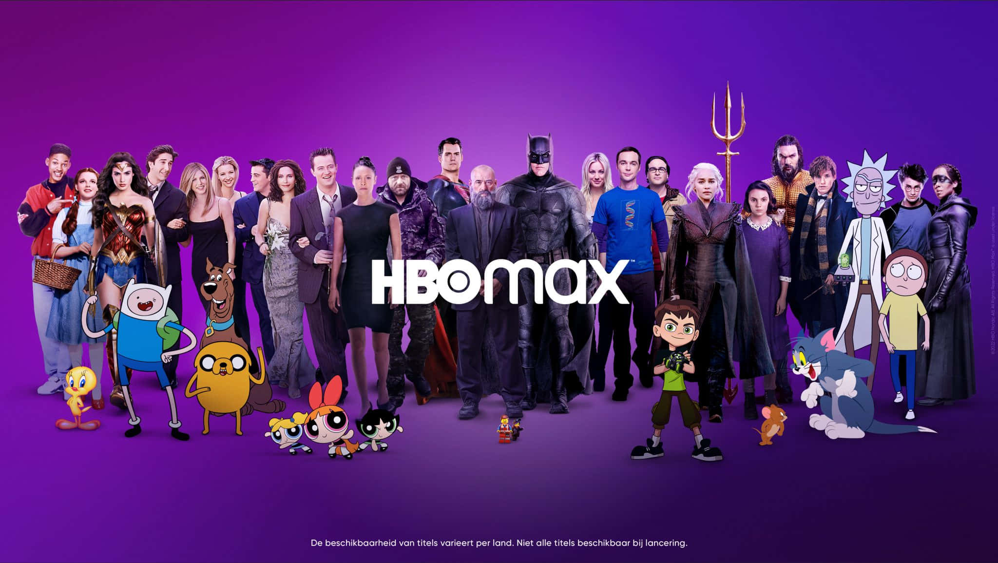 HBO 桌布 壁紙 — 一個充滿活力的紫色背景，展示了來自HBO Max系列的多樣化動畫和真人角色並肩而立。